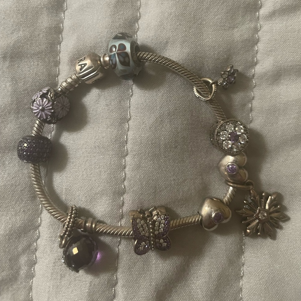 Pandora bracelet with purple charms